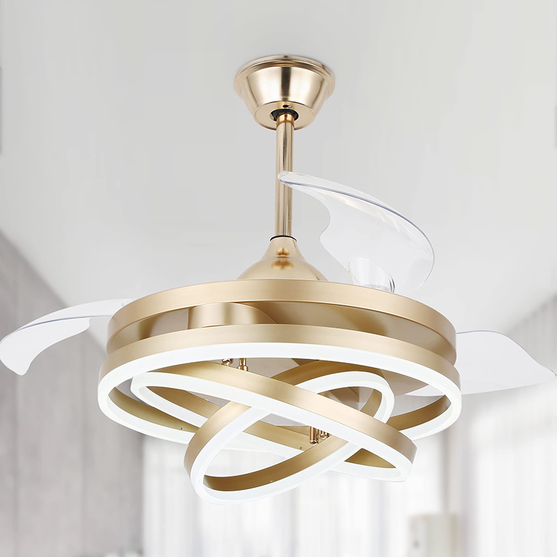 Modern Golden LED Metal Dining Chandelier Fan Light Retractable Remote Control Ceiling Lamp CRI 90 3000-6000K Color Temp