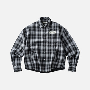 Chemise en flanelle TRICK à carreaux noirs et blancs, manches longues, décontractée, boutonnée, mélange de coton, streetwear - Product Image 1