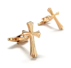 Best Selling Christian Cross Men's Cufflinks 18k Ouro Aço Inoxidável Grooved Design Religioso Padre Católico Cruz Cuff Links