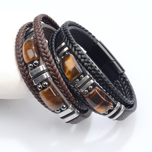 Unterstützt Individuelles Logo Doppel-Tigerauge-Stein Armband Edelstahl Magnetverschluss Handgewebtes Mehrschichtiges Lederarmband - Product Image 3