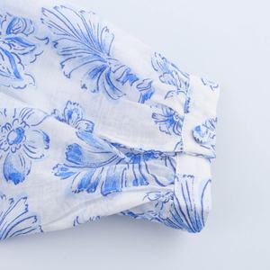 Chemisier à manches longues pour femme, imprimé floral, col en V, bleu et blanc, décontracté, avec volants, tissé, tendance pour le printemps, l'été et l'automne - Product Image 5