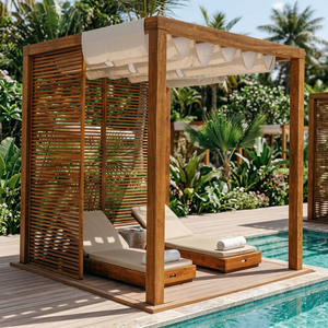 Cabaña de Lujo de Teca para Exteriores con Tumbonas Dobles, Diseño Moderno de Mediados de Siglo, Muebles para Club de Playa o Resort - Product Image 2