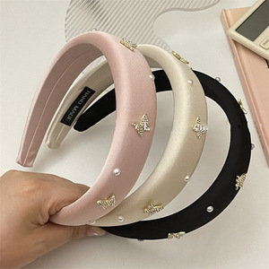 Franse Stijl Effen Kleur Spons Zachte Hoofdband Modieuze Strass Parel Vlinder Haar Hoepel Fancy Hoofdbanden Voor Vrouwen Meisjes - Product Image 4