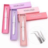 Pinzas para Pestañas de Acero Inoxidable con Punta de Fibra, con Caja, Forma de L, Logotipo Personalizado, Juego de Pinzas para Pestañas al por Mayor