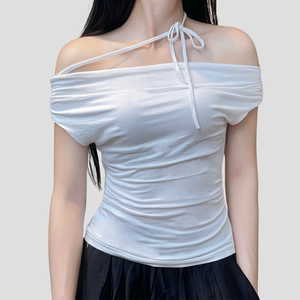 Camiseta OEM de suministro directo de fábrica para mujer, camiseta elegante de manga corta con diseño de pecho, camiseta informal de Color sólido, mejor precio al por mayor - Product Image 3