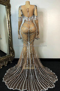 Novance Y2276 Fancy Fringe Người Nổi Tiếng 2022 Maxi Dress Cao Cổ Nhìn Xuyên Qua Rhinestone Prom Dress Ngọc Trai Trắng - Product Image 3