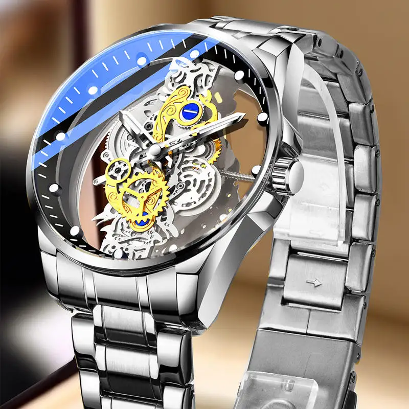 Venta al por mayor de lujo de acero inoxidable esqueleto analógico reloj de pulsera de cuarzo para hombres relojes de pulsera Reloj Para Hombre