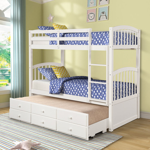 Twin Bunk <b>Bed</b> with Trundle and 3 Drawers White for Teens Bedroom Guest Room Furniture - Product Image 3