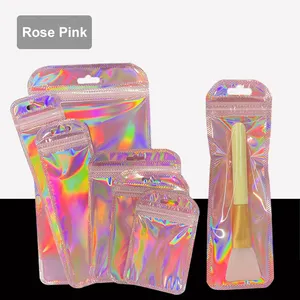High Quality Pink Rainbow Iridescent Reusable Zip Lock Plastic Laser Holographic Makeup Bag Hologram Zipper Bag