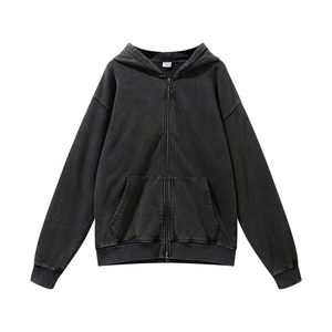 Wholesale Men's <b>Winter</b> Windbreaker Hoodie Jacket <b>Coat</b> 100% Cotton Heavy Weight Vintage Acid Wash Two Way Zipper Knitted - Product Image 5