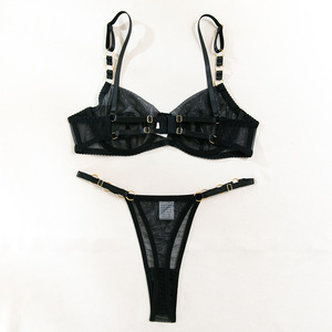Set Intimo Donna con Reggiseno a Mezza Coppa con Anello in Metallo e Slip in Rete Trasparente Nera - Product Image 6