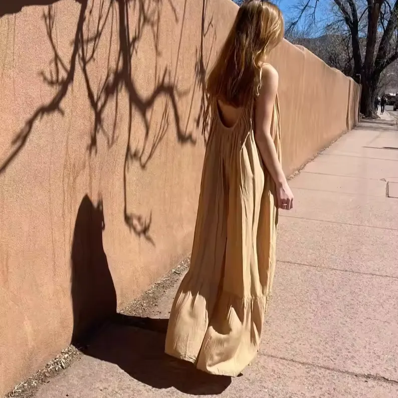 Handmade Unique Threads Long Maxi Dress With Sexy Backless & Women Integrated Waist Gathered Sleeve Beautiful Maxi