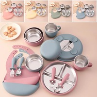 Ensemble de 7 pièces en acier inoxydable 304 pour l'alimentation des bébés et des tout-petits : assiettes et bol à ventouse avec compartiments, cuillère, fourchette et kit de sevrage en silicone