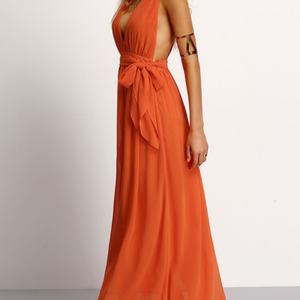 Vestido Maxi largo de gasa naranja con escote en V profundo personalizado para mujer - Product Image 3