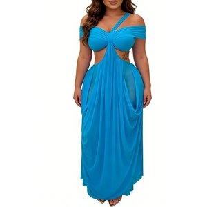 Vestido Maxi con Hombros Descubiertos y Detalle de Bolsillo Drapeado para Mujer, Vestido de Noche para Eventos Formales - Product Image 1