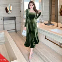Women Women ZYHT 4558 Hot Sale Vintage A Line Green Velvet Long Sleeve Plus Size Maxi Dresses 4xl 5xl 6xl 7xl For Women