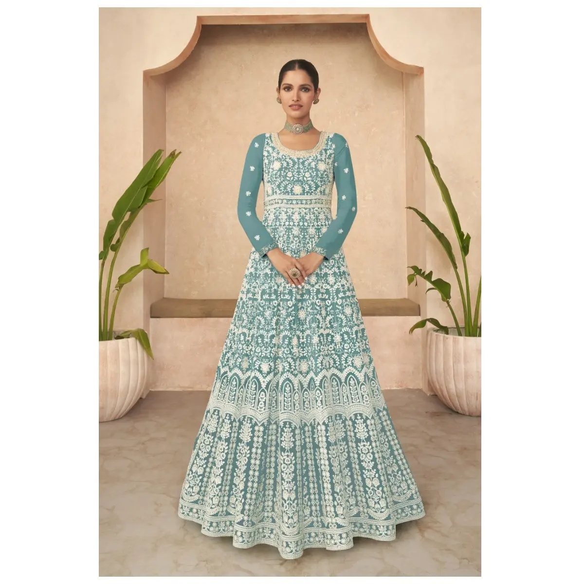 Pamuk ve sıra çalışması ile ağır sahte Georgette Anarkali tarzı Salwar Kameez elbise hindistan ihracat