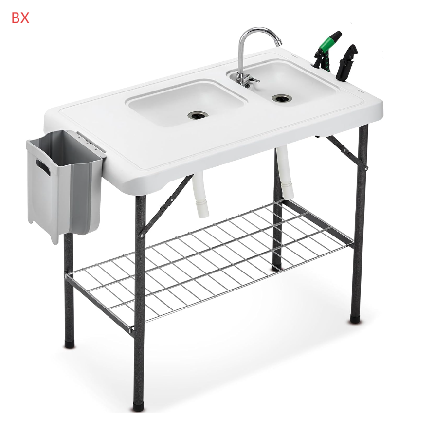 Outdoor Camping Foldable Fish Cleaning Table with 2 Sinks, Folding Faucet, Sprayer, Knife, Bin, Steel Net