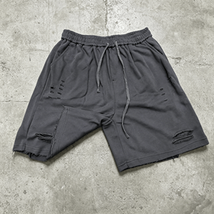 Shorts en coton délavé pour homme, taille élastique avec cordon de serrage, style streetwear décontracté, couleur unie - Product Image 1