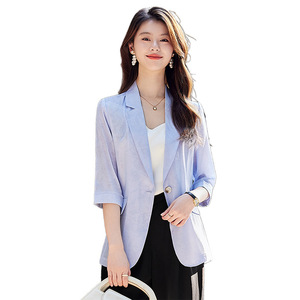 Light Blue Women's Blazer Three Quarter Sleeve Solid Color Breathable Office Wear - Product Image 5