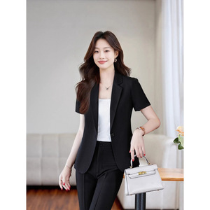 Women's Light Gray Short Sleeve <b>Blazer</b> And Trousers <b>Set</b> Formal Anti-Wrinkle Commute Wear HTN803 - Product Image 2