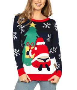 Sweater rajut akrilik Selamat Natal unisex, jumper Natal kasar leher bulat unisex pasangan Musim Dingin