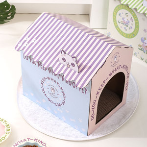 Casa de cartón para gatos, rascador para gatos, caja de cama integrada para gatos, casa de cartón creativa con diseño de dibujos animados, cartón corrugado - Product Image 3