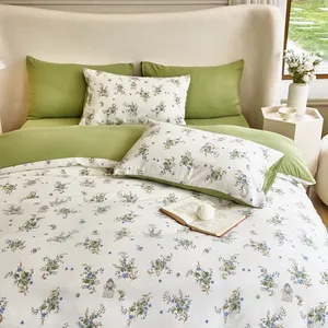 QUNZHEN çin üretici çiçek ev pamuk çarşaf kral yatak takımları çift kişilik yatak için 100% keten