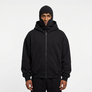 Vente en gros de sweats à capuche balaclava pour hommes, personnalisés, en coton uni de haute qualité, demi-zip, 420 g/m², poids lourd, velours d'hiver - Product Image 1