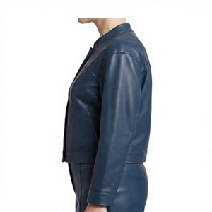 Veste en cuir bleu foncé pour femme – Blouson bomber décontracté coupe ajustée avec col montant - Product Image 4