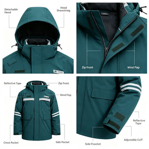 Vêtements de travail d'hiver personnalisés en gros, veste de travail antistatique à capuche avec bandes réfléchissantes pour la construction - Product Image 4