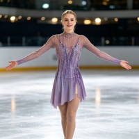 Robe de patinage artistique à col montant et manches longues, ornée de strass et de mailles, pour adultes et enfants, pour compétitions et spectacles