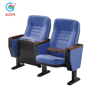 Guoye Auditorium Chair Blue Fabric With Wooden Armrests And <b>Foldable</b> <b>Table</b> For Theater Conference Use - Product Image 1