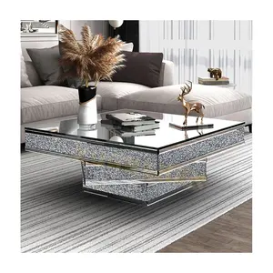 Muebles de sala de estar mesa central de lujo mesa de centro de espejo de cristal moderna mesa de centro de diamantes triturados para la venta