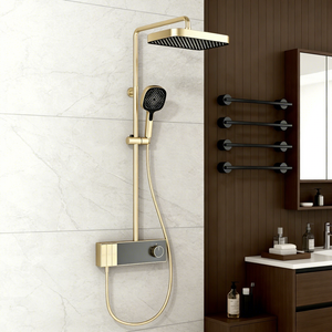 Set Doccia a Pioggia <span class=keywords><strong>in</strong></span> Ottone Cromato Dorato <span class=keywords><strong>con</strong></span> Doppio Getto, Colonna da Pavimento <span class=keywords><strong>in</strong></span> Ceramica Spazzolata <span class=keywords><strong>con</strong></span> Soffione a Pioggia, Rubinetteria per Doccia e Vasca - Product Image 1
