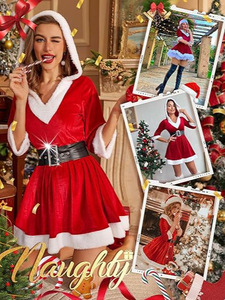 2025 nuovo arrivo natale <span class=keywords><strong>vestito</strong></span> da donna per adulti in <span class=keywords><strong>velluto</strong></span> rosso manica lunga con cappuccio da festa per le donne - Product Image 2