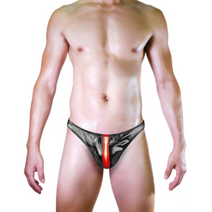 <b>Men's</b> Sexy Faux Leather <b>Thong</b> Underwear Black Low Rise Spandex Briefs For Passionate Seductive Look - Product Image 1