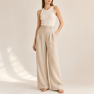 <span class=keywords><strong>Pantalon</strong></span> en lin à taille haute et jambe large droit personnalisé <span class=keywords><strong>de</strong></span> haute qualité pour femmes - Product Image 1