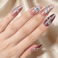 Faux ongles à presser en amande, effet œil de chat mauve, papillon, perle, strass, brillants, vente en gros, étiquette privée personnalisée