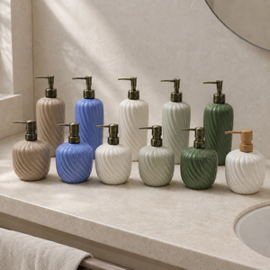 Juego de Baño de Cerámica con Diseño Espiral Acanalado de 5 Piezas en Esmalte Reactivo – Dispensador de Loción Alto, Jabonera, Vaso, Soporte para Escobilla de Inodoro - Product Image 2