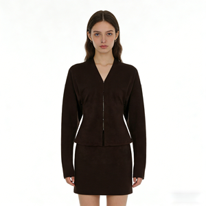 American Vintage <b>Brown</b> Knit Two Piece Set Women Waist Cinched Buttoned Short <b>Cardigan</b> and Slim Fit Bodycon Mini Skirt Set - Product Image 6