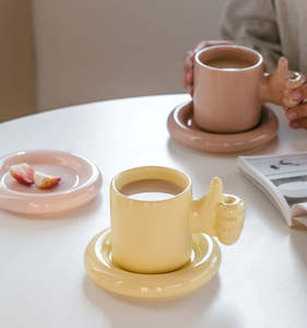 Juego de tazas y platillos de café de estilo nórdico moderno, conjunto de té de cerámica con pulgares hacia arriba de varios colores, con energía positiva para la vida diaria - Product Image 4