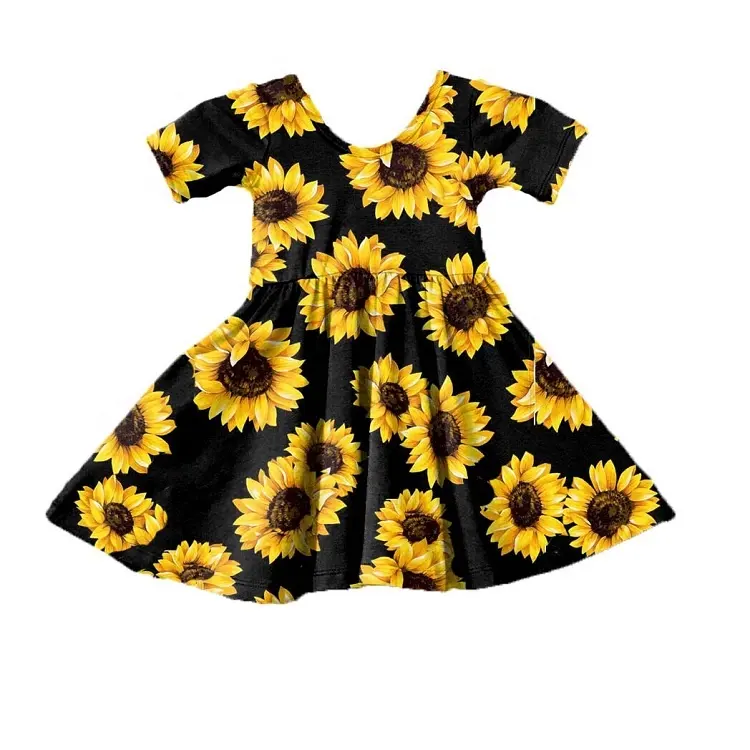 Print on demand Toddler Kids Little Girls Flower Cotton Summer Autumn Casual Smocking Sunflower Fancy Dress