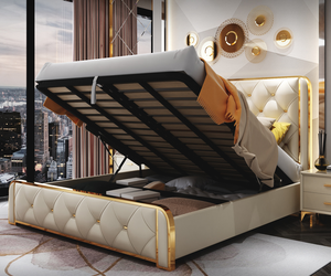 Testiere trapuntate con <span class=keywords><strong>letto</strong></span> di lusso con struttura in acciaio inossidabile dorato per letti singoli in pelle king size con <span class=keywords><strong>letto</strong></span> <span class=keywords><strong>matrimoniale</strong></span> - Product Image 5