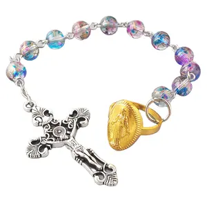 Virgin Mary 8Mm Glass Beads Một Thập Kỷ Mân Côi Với Công Giáo Tôn Giáo Vàng Màu Finger Ring