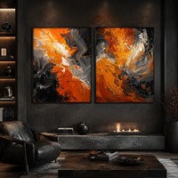 Grande peinture murale abstraite texturée moderne, faite à la main sur toile épaisse, avec un vortex orange-gris dynamique, pour salon