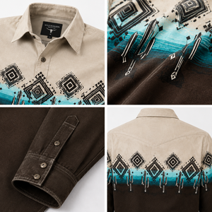 Chemise boutonnée pour homme Western Wear avec logo personnalisé, imprimé aztèque, manches longues, style cowboy ranch country, couleur contrastée - Product Image 3