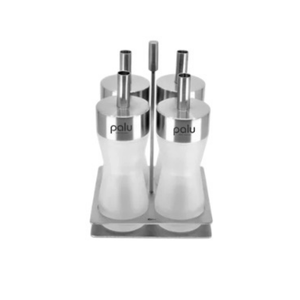 Juego de 4 Botellas de Vidrio para Aceite y Vinagre Palu con Soporte de Acero Inoxidable, Dispensador Premium para Restaurante, Hotel, Hogar y Cocina - Product Image 1
