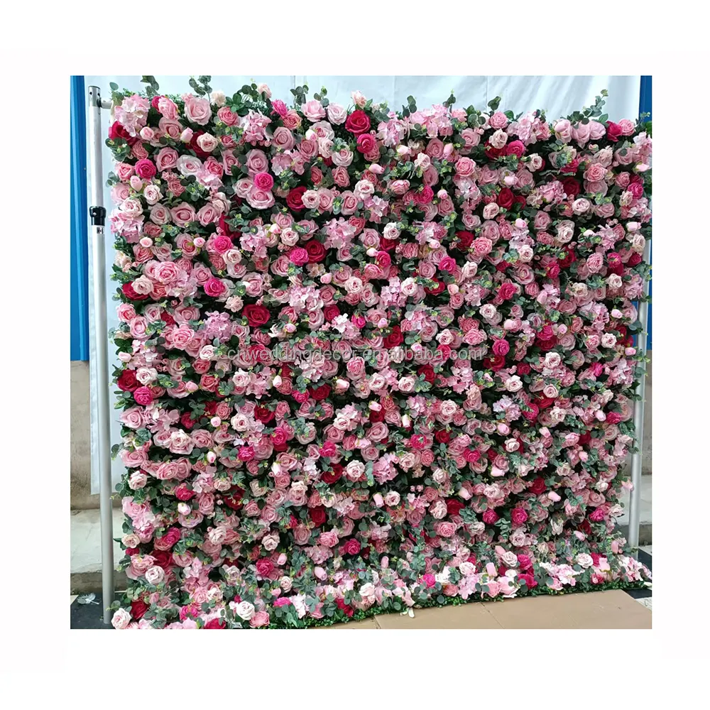 Groothandel Stof Terug Roll Up Rood En Roze Rose Kunstmatige Bloemen Muur Bruiloft Bloem Muur Achtergrond