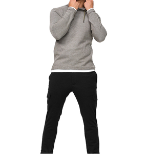 Ensemble de survêtement décontracté pour homme, sweat à capuche gris à demi-zip avec cordon de serrage et pantalon cargo noir, couleur unie, manches longues, pour l'automne - Product Image 1